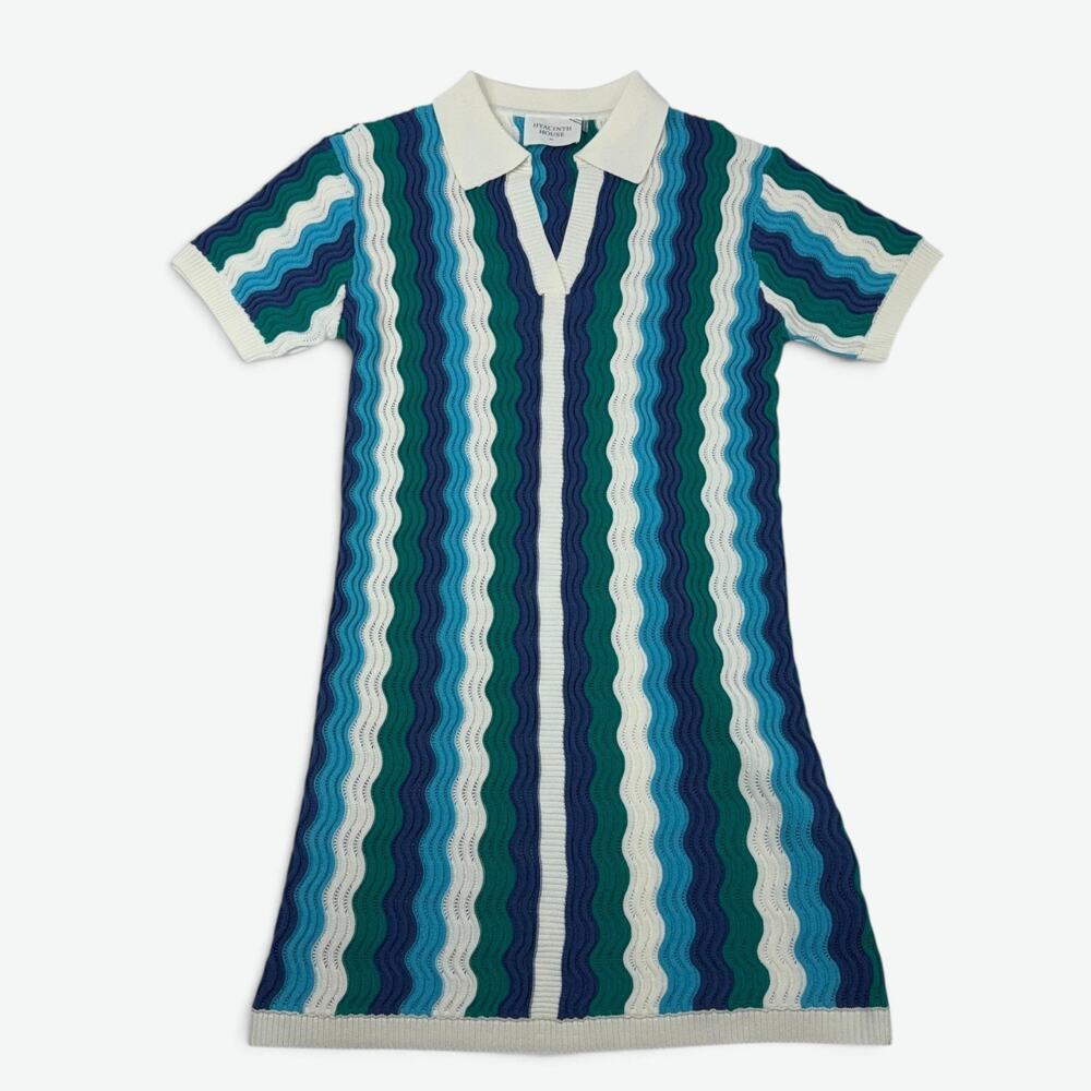 Tuckernuck Hyacinth House Knit Polo Mini Dress Womens XS Chevron Wave Blue Green